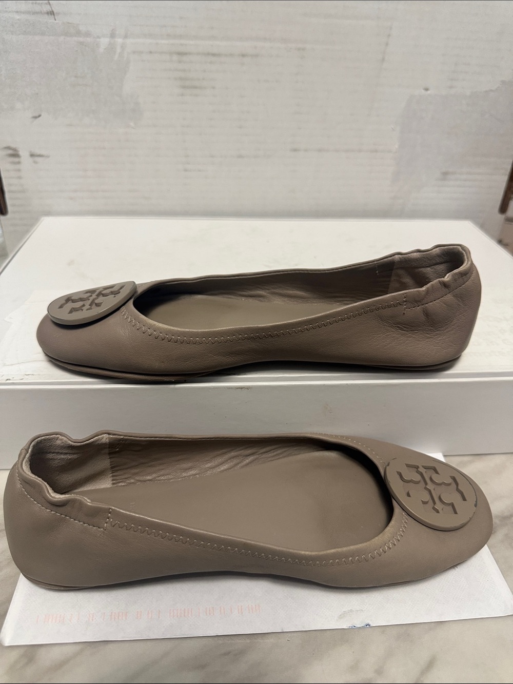 Tory Burch Taupe Logo Round-Toe Ballet Flats — Neutral Leather Slip-Ons